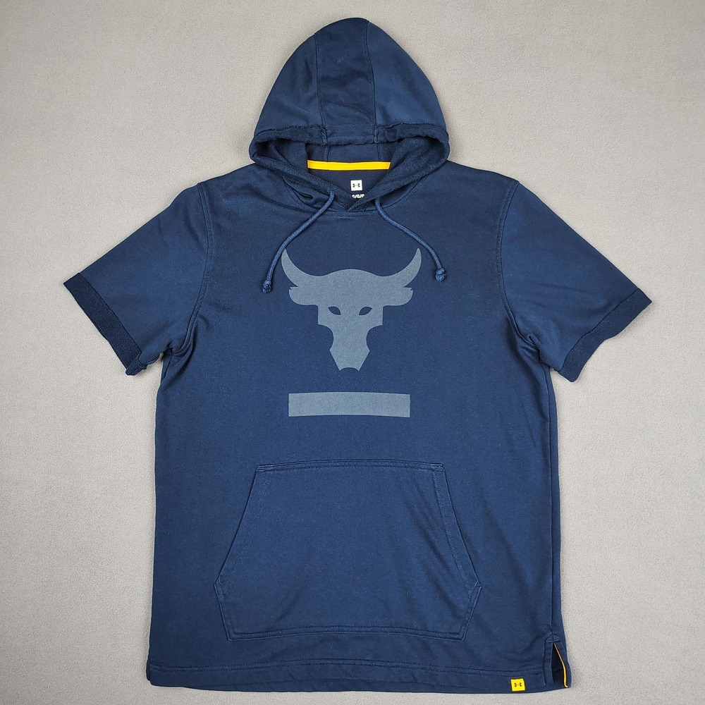 Project Rock Under Armour French Terry Cloth Hoodie Men Large Navy Short Sleeve
